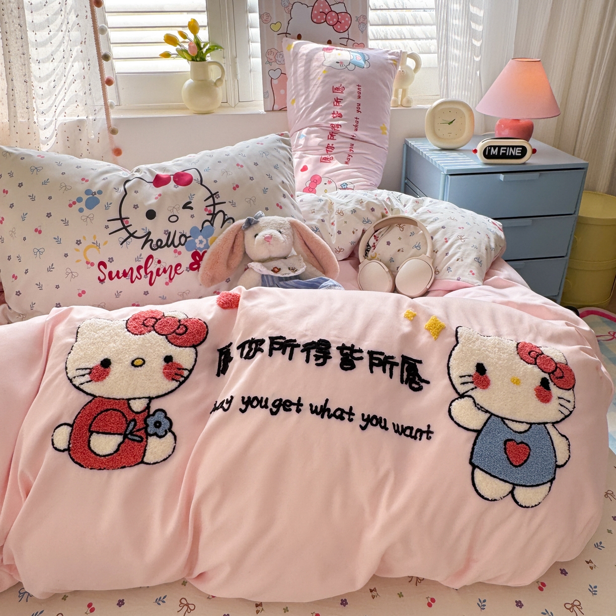 91家纺网 家纺一手货源 找家纺 一霖家纺 2025新款高克重云朵棉毛巾绣印绣四件套-小清新系列-第三波 心愿小猫