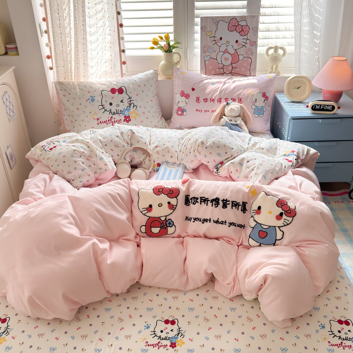 91家纺网 家纺一手货源 找家纺 一霖家纺 2025新款高克重云朵棉毛巾绣印绣四件套-小清新系列-第三波 心愿小猫