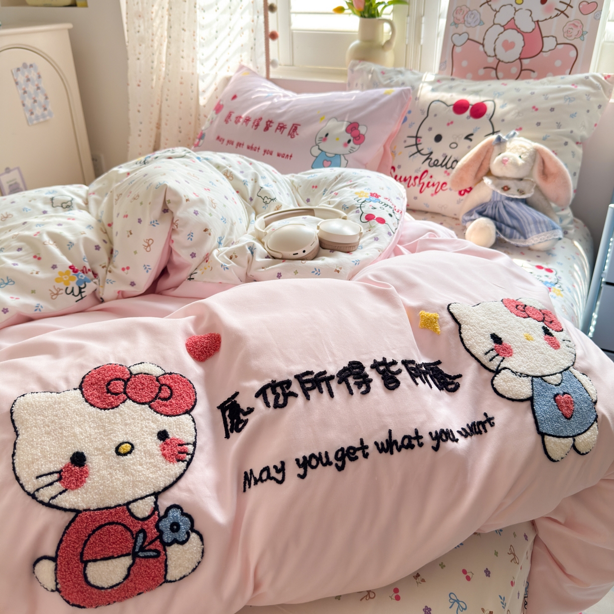 91家纺网 家纺一手货源 找家纺 一霖家纺 2025新款高克重云朵棉毛巾绣印绣四件套-小清新系列-第三波 心愿小猫