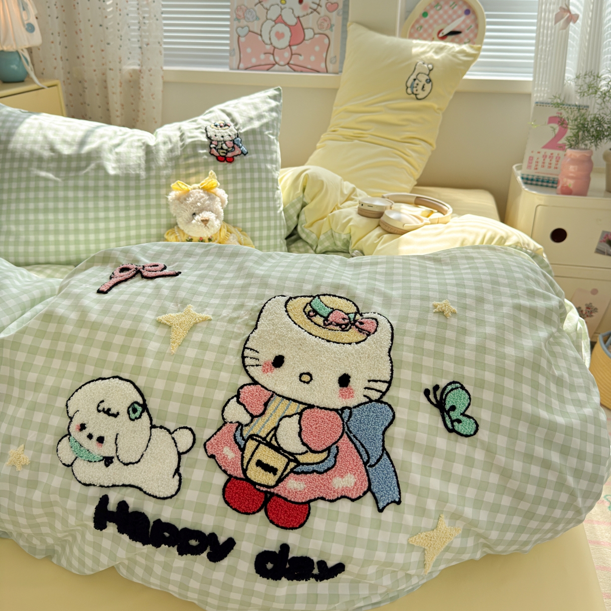 91家纺网 家纺一手货源 找家纺 一霖家纺 2025新款高克重云朵棉毛巾绣印绣四件套-小清新系列-第三波 元气KT