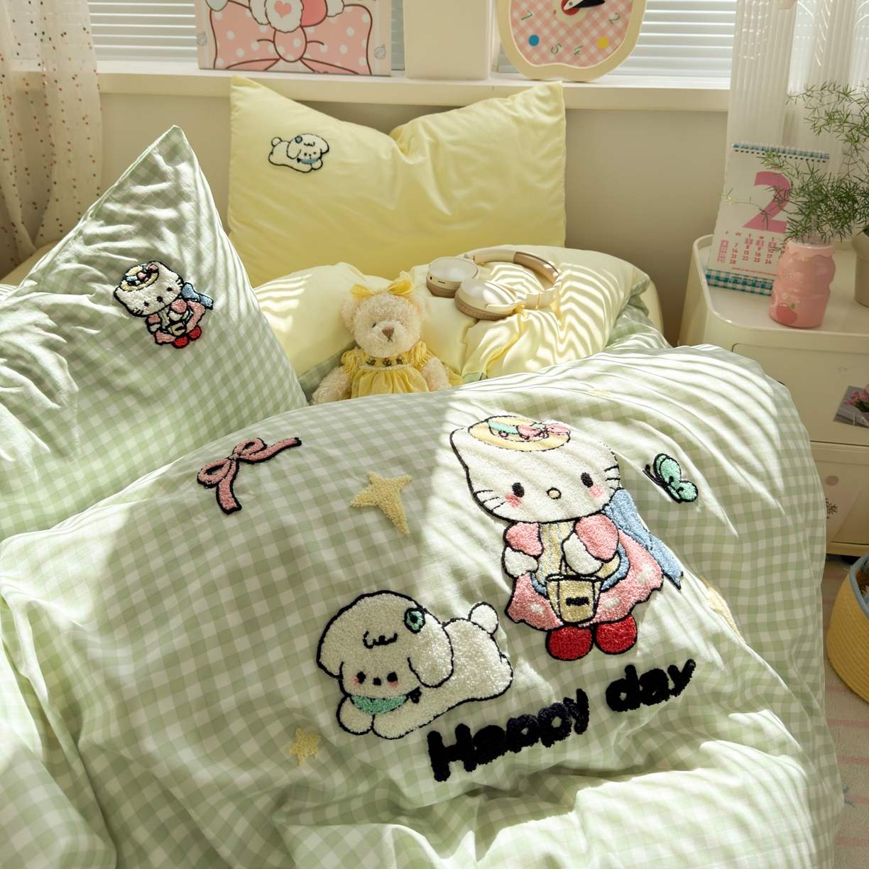 91家纺网 家纺一手货源 找家纺 一霖家纺 2025新款高克重云朵棉毛巾绣印绣四件套-小清新系列-第三波 元气KT