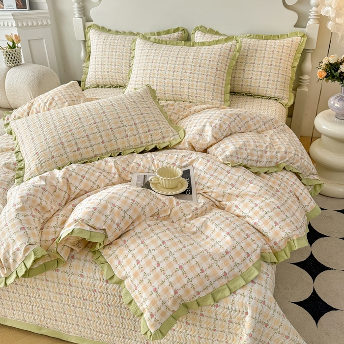 91家纺网 家纺一手货源 找家纺 芷凡家纺2025新款水洗棉双层纱云感棉床盖四件套 格心生活