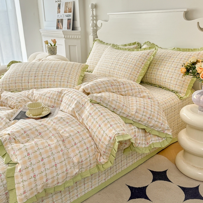 91家纺网 家纺一手货源 找家纺 芷凡家纺2025新款水洗棉双层纱云感棉床盖四件套 格心生活