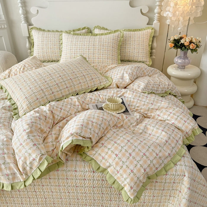 91家纺网 家纺一手货源 找家纺 芷凡家纺2025新款水洗棉双层纱云感棉床盖四件套 格心生活