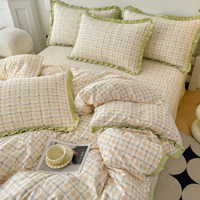 芷凡家纺2025新款水洗棉双层纱云感棉床盖四件套 格心生活