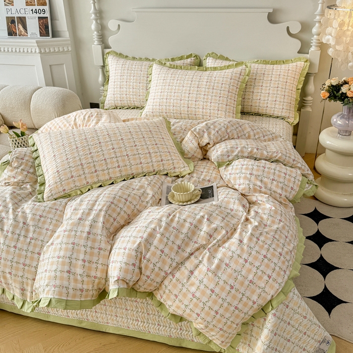 91家纺网 家纺一手货源 找家纺 芷凡家纺2025新款水洗棉双层纱云感棉床盖四件套 格心生活