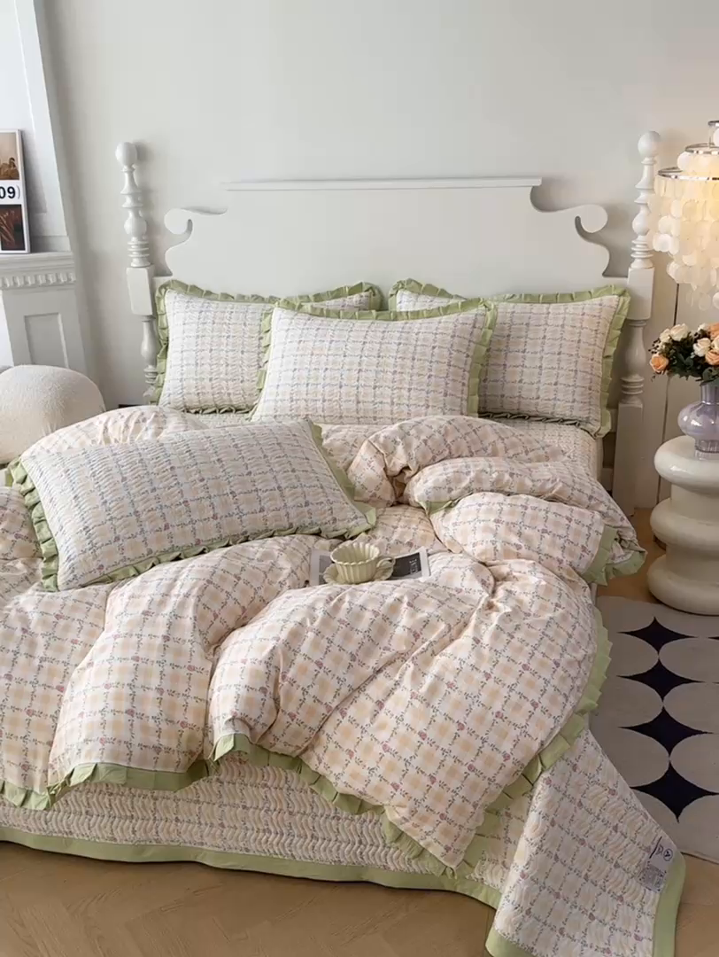 91家纺网 家纺一手货源 找家纺 芷凡家纺2025新款水洗棉双层纱云感棉床盖四件套 格心生活