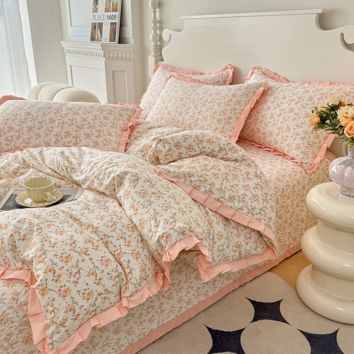 91家纺网 家纺一手货源 找家纺 芷凡家纺2025新款水洗棉双层纱云感棉床盖四件套 花恋