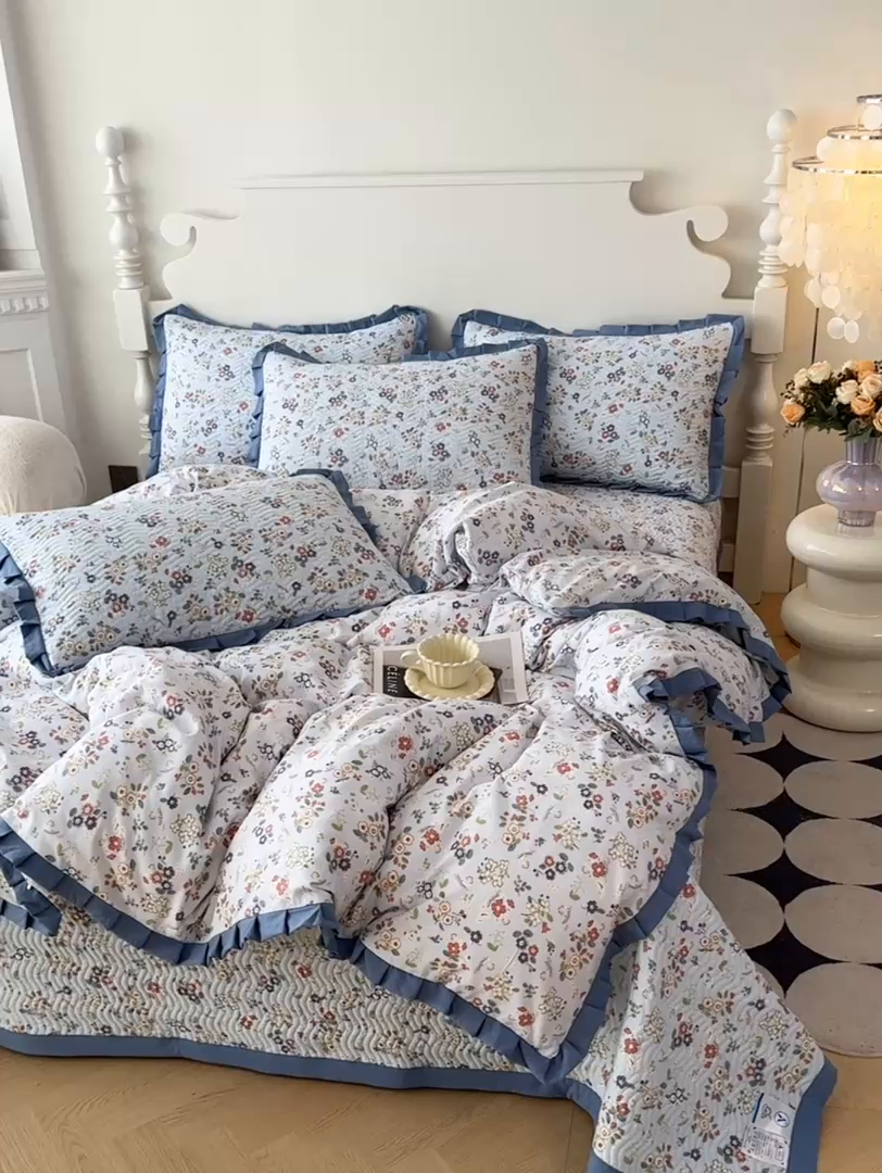 91家纺网 家纺一手货源 找家纺 芷凡家纺2025新款水洗棉双层纱云感棉床盖四件套 兰溪园