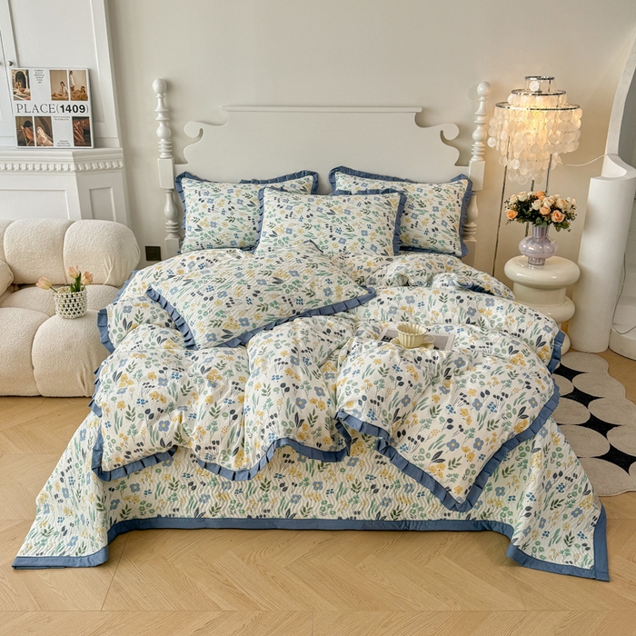 91家纺网 家纺一手货源 找家纺 芷凡家纺2025新款水洗棉双层纱云感棉床盖四件套 清茶