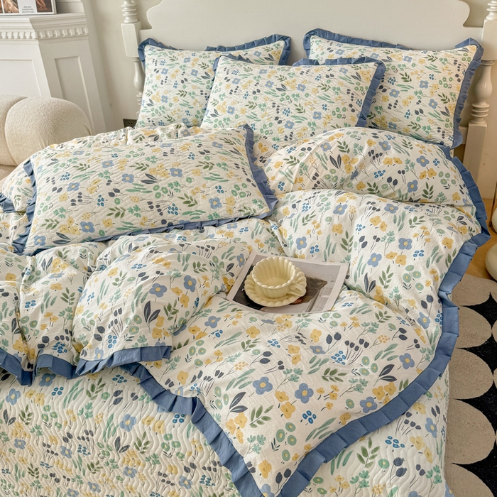 91家纺网 家纺一手货源 找家纺 芷凡家纺2025新款水洗棉双层纱云感棉床盖四件套 清茶