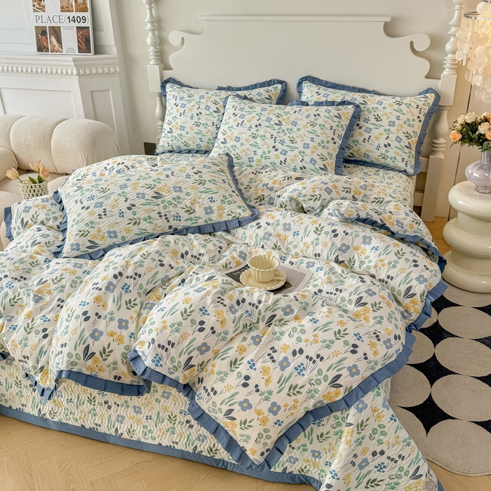 91家纺网 家纺一手货源 找家纺 芷凡家纺2025新款水洗棉双层纱云感棉床盖四件套 清茶