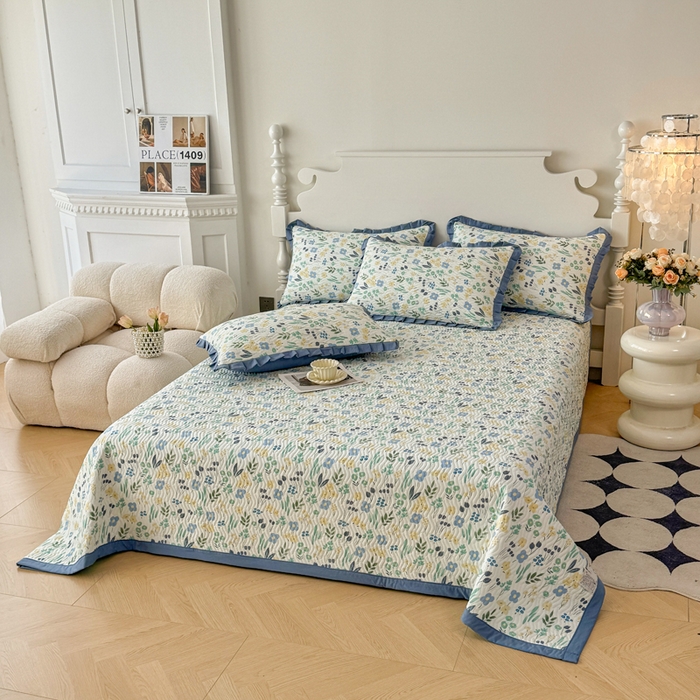 91家纺网 家纺一手货源 找家纺 芷凡家纺2025新款水洗棉双层纱云感棉床盖四件套 清茶