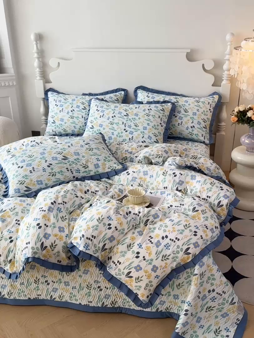 91家纺网 家纺一手货源 找家纺 芷凡家纺2025新款水洗棉双层纱云感棉床盖四件套 清茶