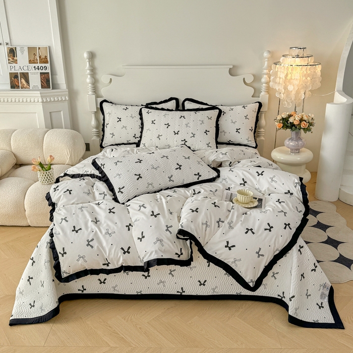 91家纺网 家纺一手货源 找家纺 芷凡家纺2025新款水洗棉双层纱云感棉床盖四件套 时尚蝴蝶结