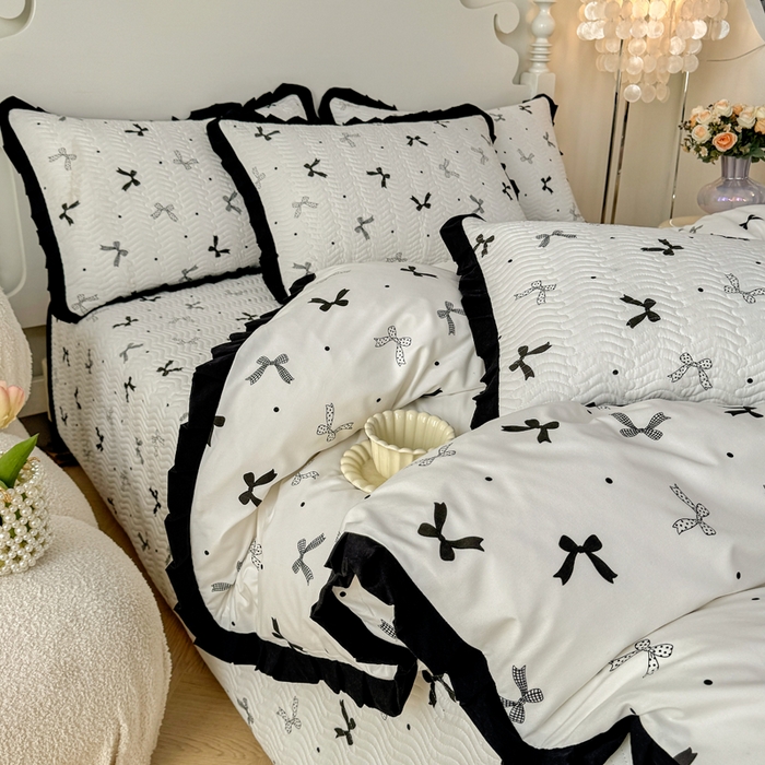 91家纺网 家纺一手货源 找家纺 芷凡家纺2025新款水洗棉双层纱云感棉床盖四件套 时尚蝴蝶结