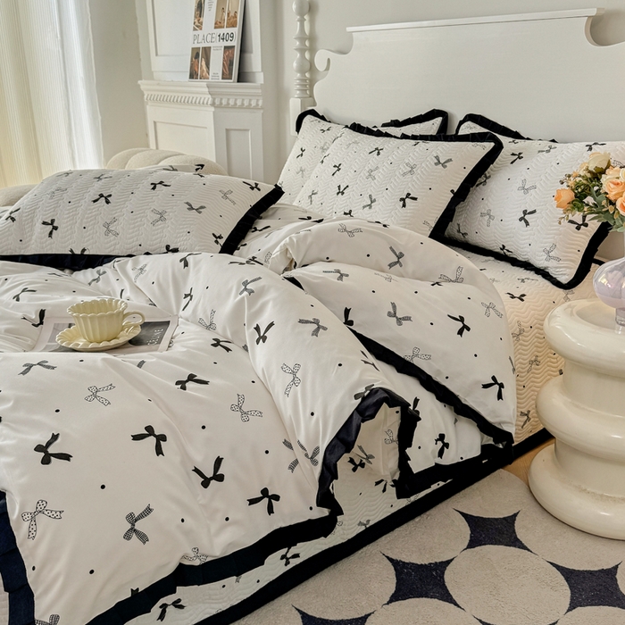 91家纺网 家纺一手货源 找家纺 芷凡家纺2025新款水洗棉双层纱云感棉床盖四件套 时尚蝴蝶结