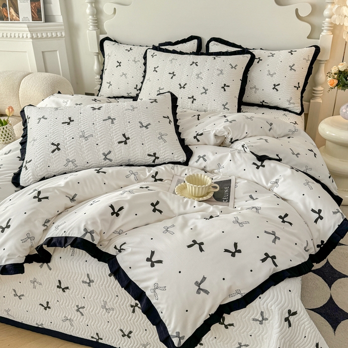 91家纺网 家纺一手货源 找家纺 芷凡家纺2025新款水洗棉双层纱云感棉床盖四件套 时尚蝴蝶结