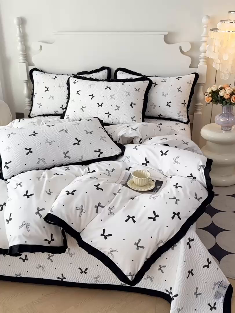 91家纺网 家纺一手货源 找家纺 芷凡家纺2025新款水洗棉双层纱云感棉床盖四件套 时尚蝴蝶结