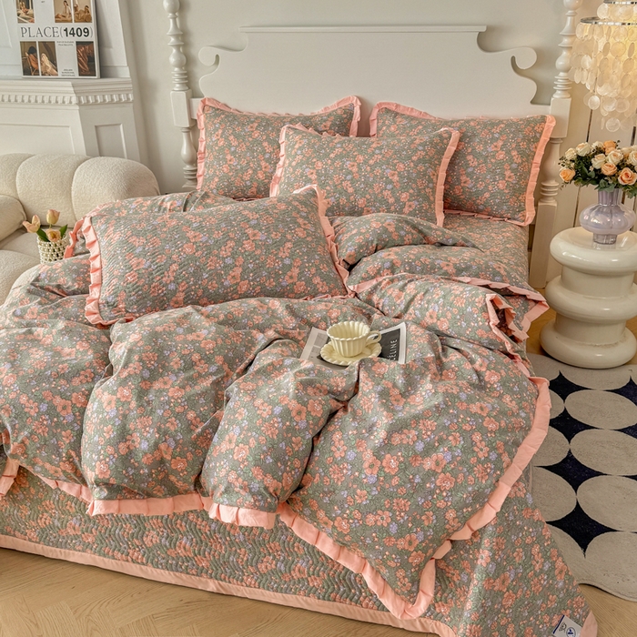 91家纺网 家纺一手货源 找家纺 芷凡家纺2025新款水洗棉双层纱云感棉床盖四件套 甜心