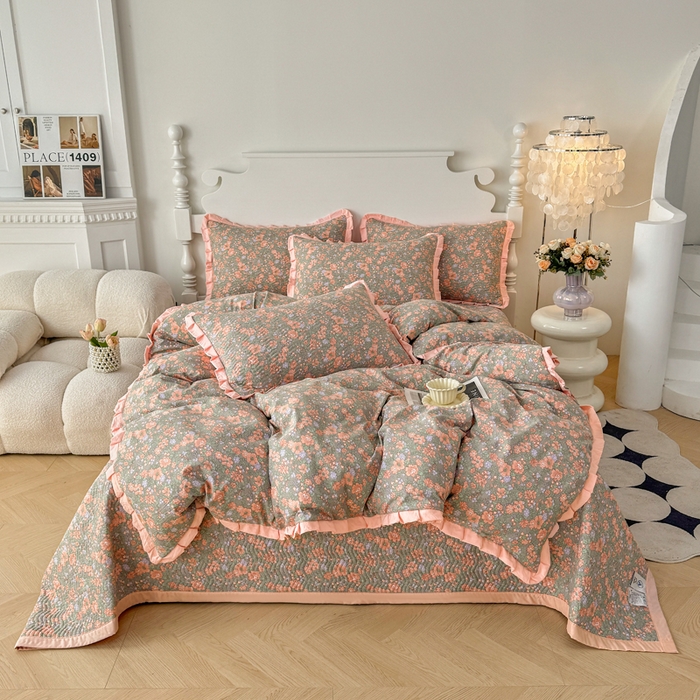 91家纺网 家纺一手货源 找家纺 芷凡家纺2025新款水洗棉双层纱云感棉床盖四件套 甜心