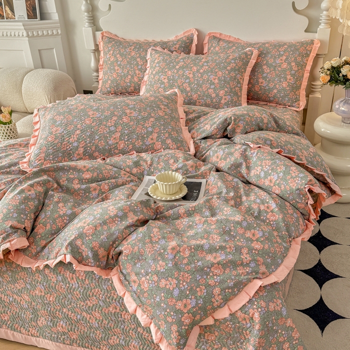 91家纺网 家纺一手货源 找家纺 芷凡家纺2025新款水洗棉双层纱云感棉床盖四件套 甜心