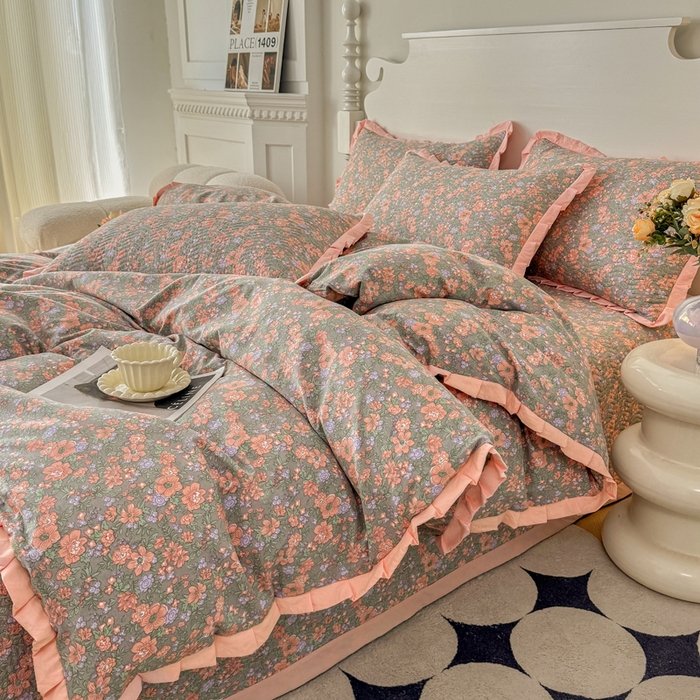 91家纺网 家纺一手货源 找家纺 芷凡家纺2025新款水洗棉双层纱云感棉床盖四件套 甜心