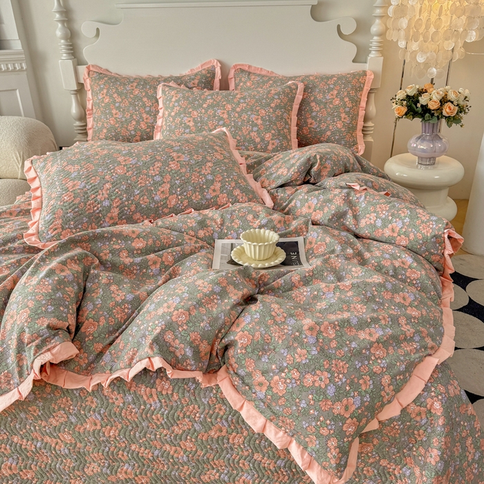 91家纺网 家纺一手货源 找家纺 芷凡家纺2025新款水洗棉双层纱云感棉床盖四件套 甜心