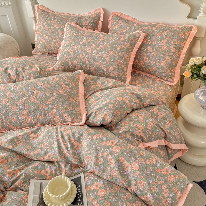 91家纺网 家纺一手货源 找家纺 芷凡家纺2025新款水洗棉双层纱云感棉床盖四件套 甜心