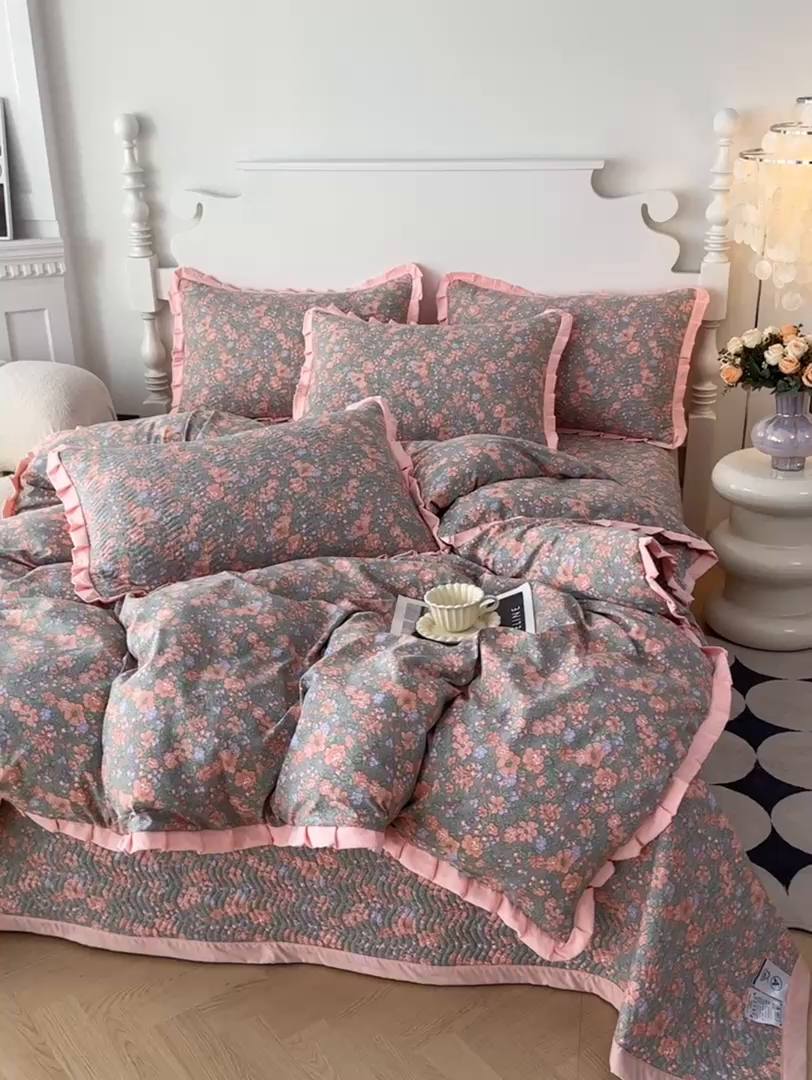 91家纺网 家纺一手货源 找家纺 芷凡家纺2025新款水洗棉双层纱云感棉床盖四件套 甜心