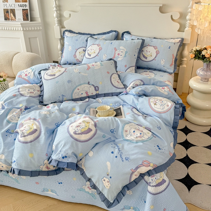 91家纺网 家纺一手货源 找家纺 芷凡家纺2025新款水洗棉双层纱云感棉床盖四件套 玉贵狗