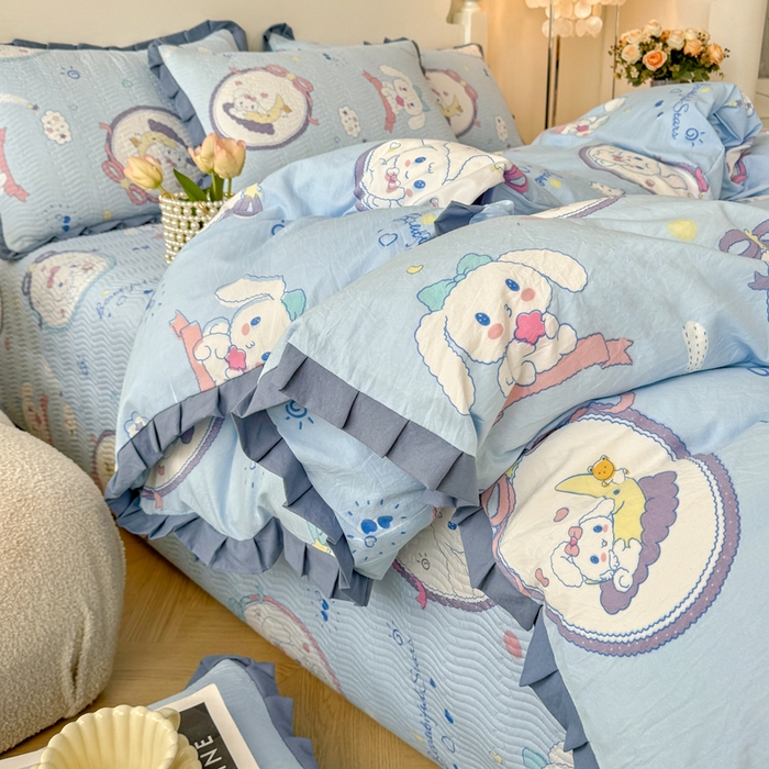 91家纺网 家纺一手货源 找家纺 芷凡家纺2025新款水洗棉双层纱云感棉床盖四件套 玉贵狗