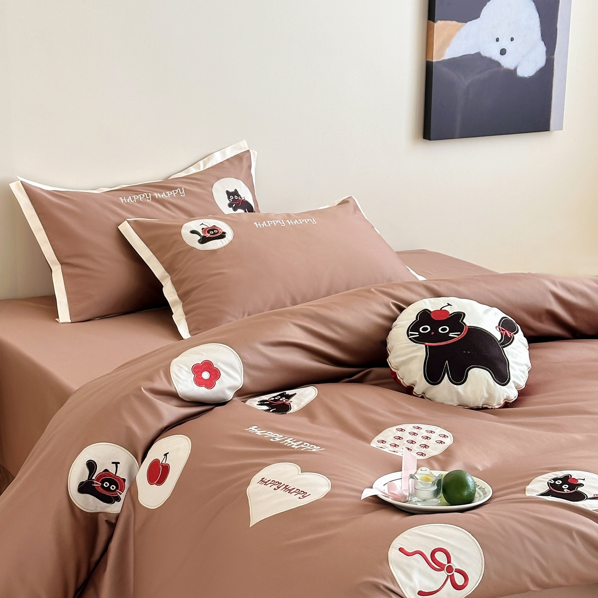 91家纺网 家纺一手货源 找家纺 紫桐 Lila lndus 2025新款50支双股长绒棉纯棉四件套 假日猫咪-咖