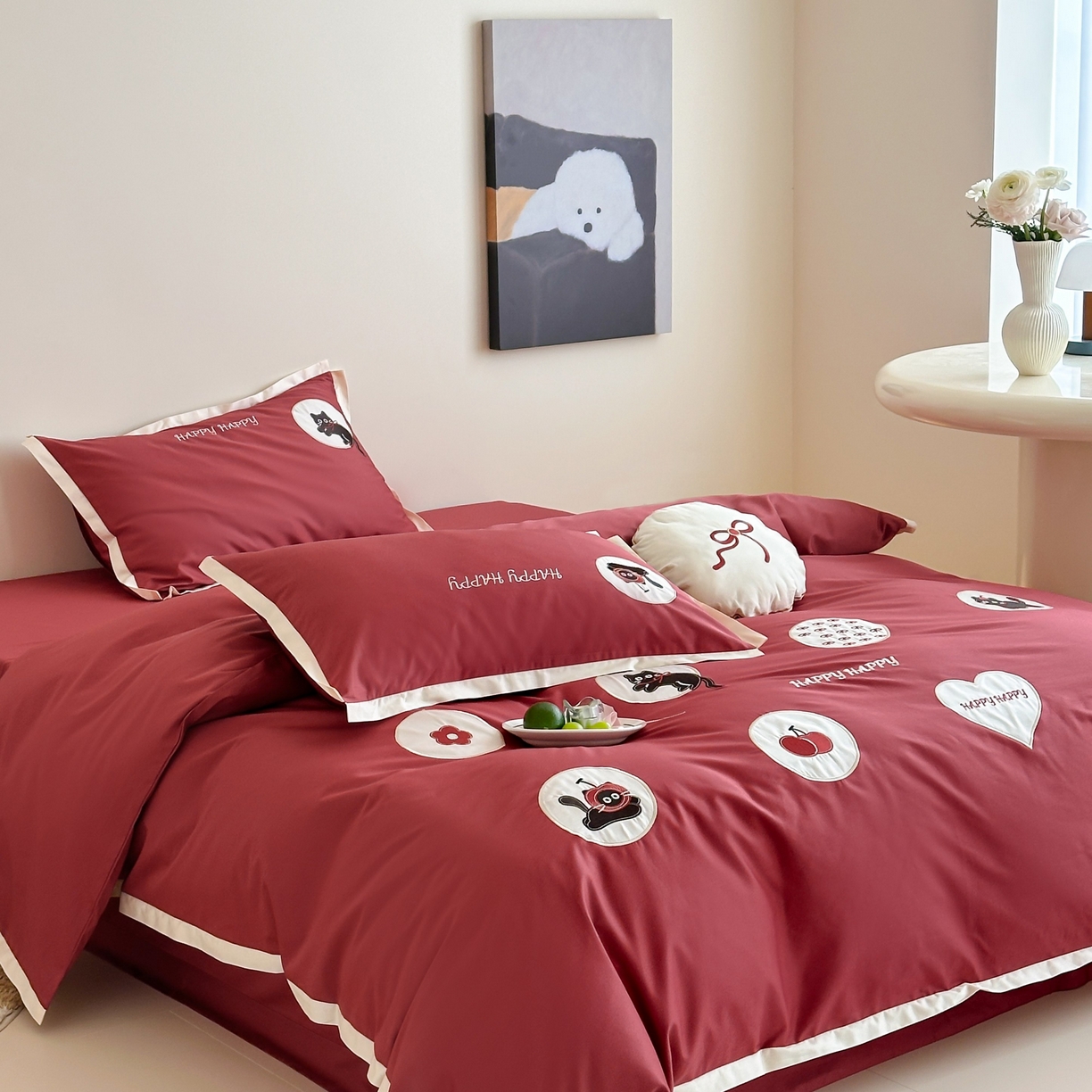 91家纺网 家纺一手货源 找家纺 紫桐 Lila lndus 2025新款50支双股长绒棉纯棉四件套 假日猫咪-红