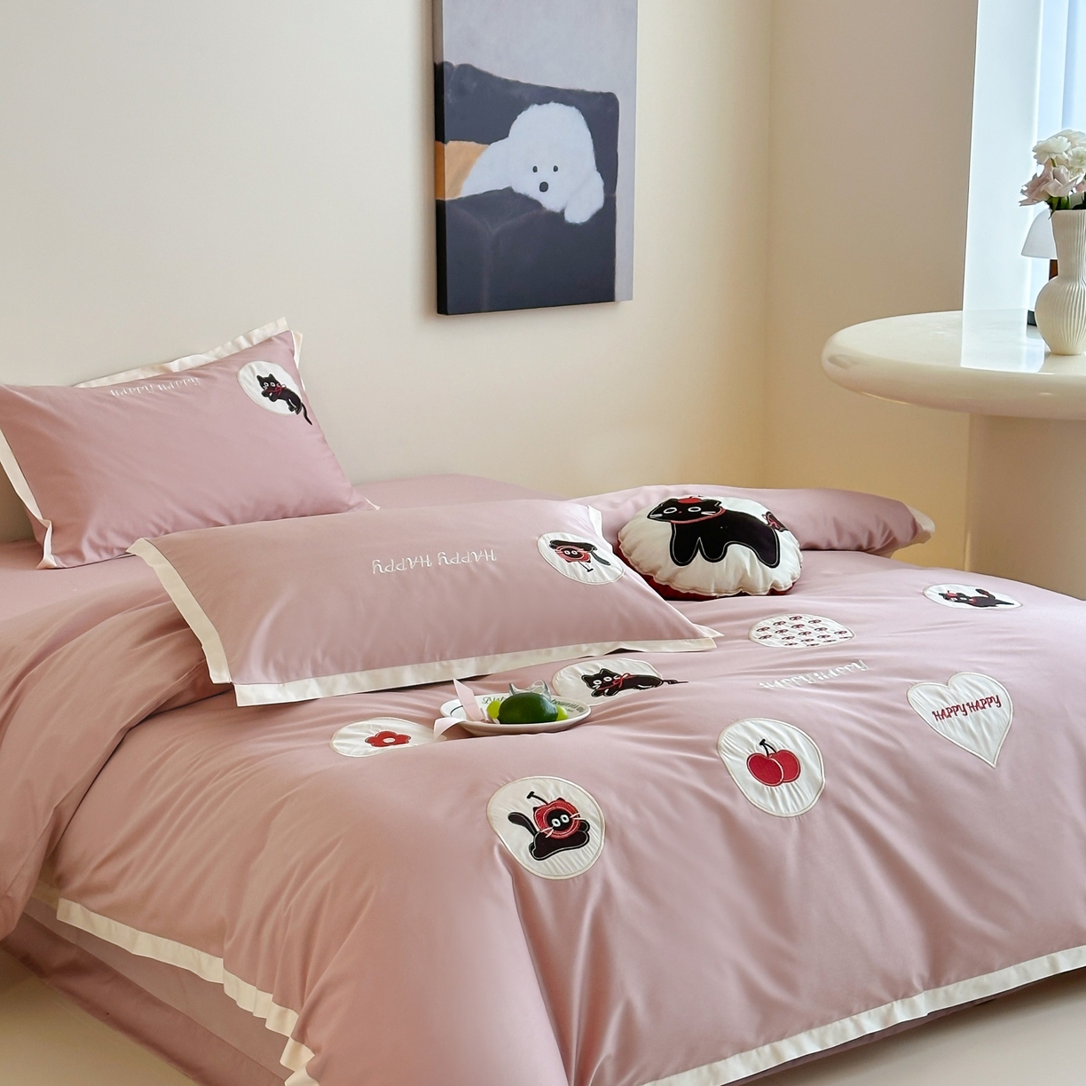 91家纺网 家纺一手货源 找家纺 紫桐 Lila lndus 2025新款50支双股长绒棉纯棉四件套 假日猫咪-粉