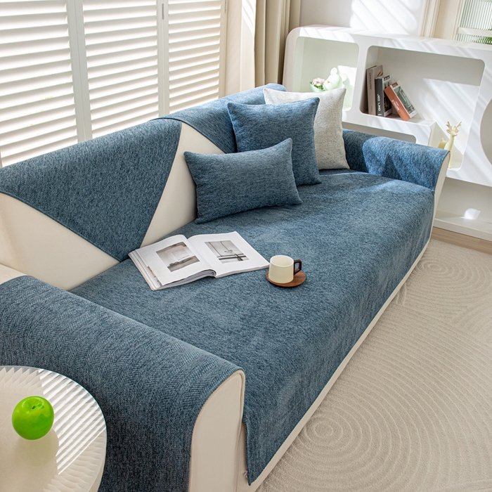 91家纺网 家纺一手货源 找家纺 沐沐家纺2026新款人字纹沙发垫 孔雀蓝