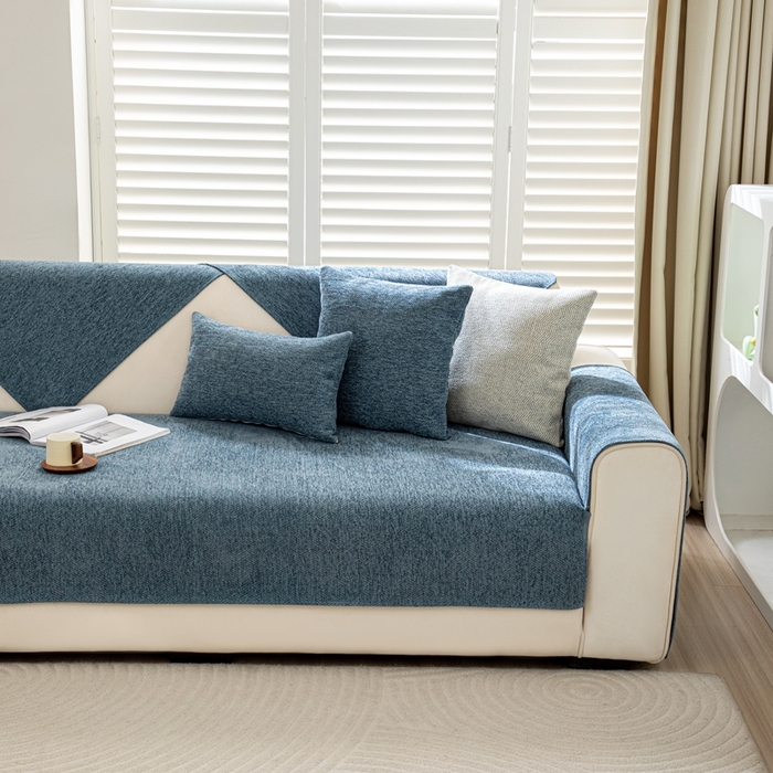 91家纺网 家纺一手货源 找家纺 沐沐家纺2026新款人字纹沙发垫 孔雀蓝