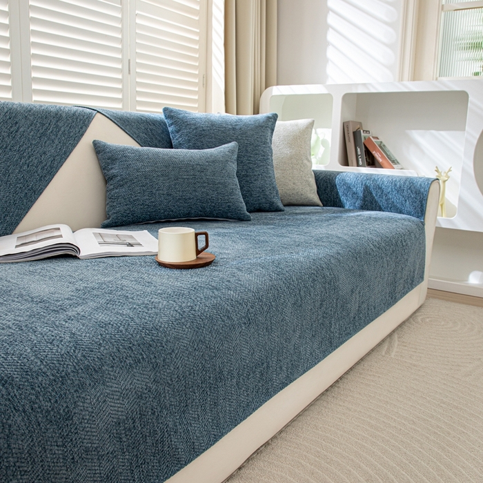 91家纺网 家纺一手货源 找家纺 沐沐家纺2026新款人字纹沙发垫 孔雀蓝