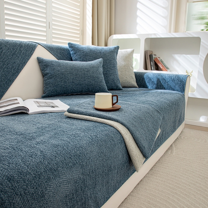 91家纺网 家纺一手货源 找家纺 沐沐家纺2026新款人字纹沙发垫 孔雀蓝