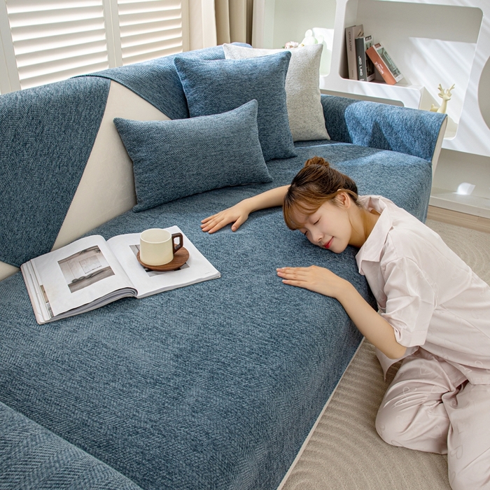 91家纺网 家纺一手货源 找家纺 沐沐家纺2026新款人字纹沙发垫 孔雀蓝