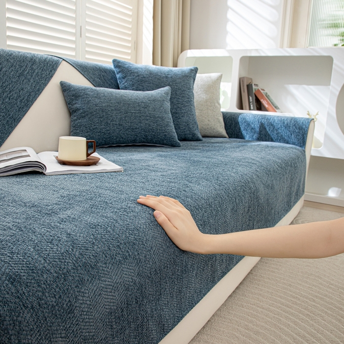 沐沐家纺2026新款人字纹沙发垫 孔雀蓝