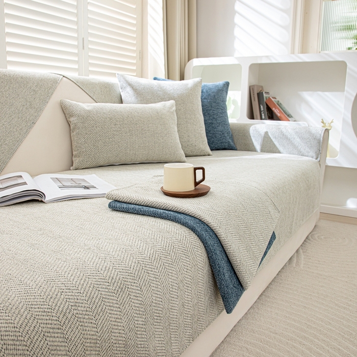 91家纺网 家纺一手货源 找家纺 沐沐家纺2026新款人字纹沙发垫 米白