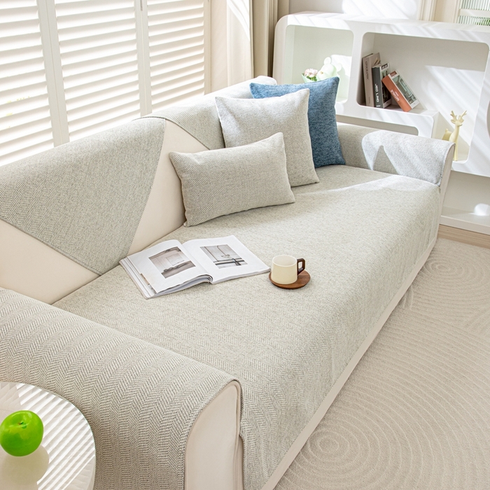 91家纺网 家纺一手货源 找家纺 沐沐家纺2026新款人字纹沙发垫 米白