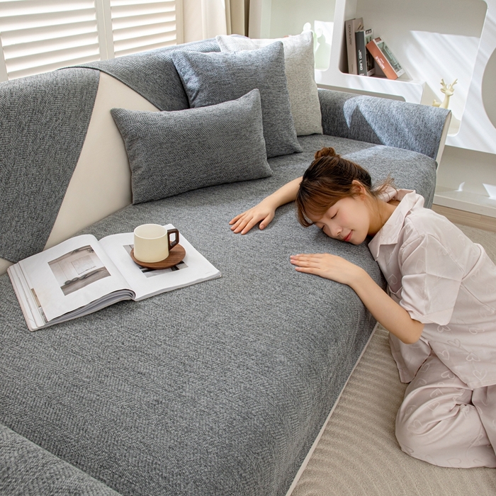 91家纺网 家纺一手货源 找家纺 沐沐家纺2026新款人字纹沙发垫 浅灰