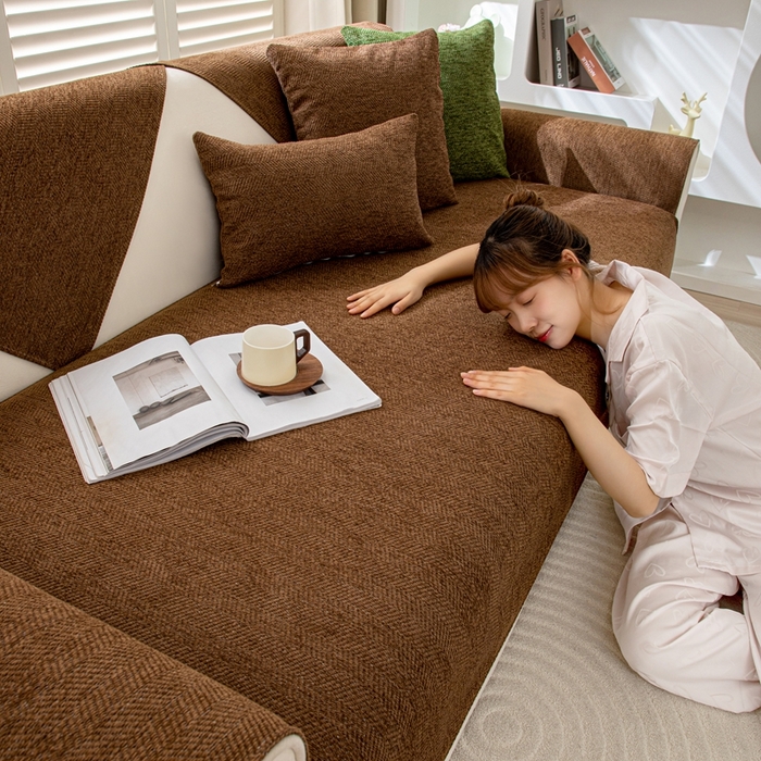 91家纺网 家纺一手货源 找家纺 沐沐家纺2026新款人字纹沙发垫 深咖