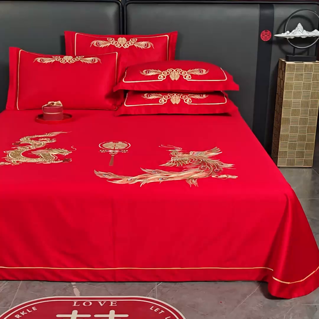 91家纺网 家纺一手货源 找家纺 千禧家纺 2024新款长绒棉绣花婚庆三件套 游龙戏凤