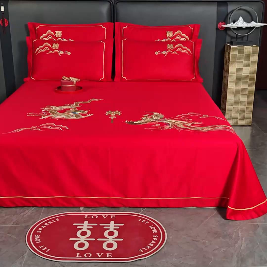 91家纺网 家纺一手货源 找家纺 千禧家纺 2024新款长绒棉绣花婚庆三件套 盘龙飞凤