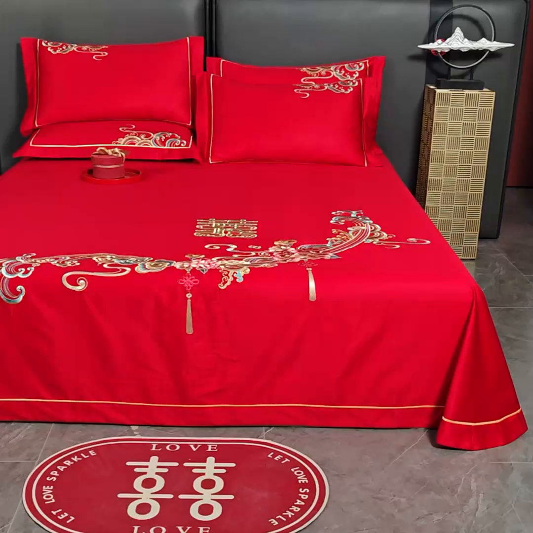 91家纺网 家纺一手货源 找家纺 千禧家纺 2024新款长绒棉绣花婚庆三件套 花团锦簇