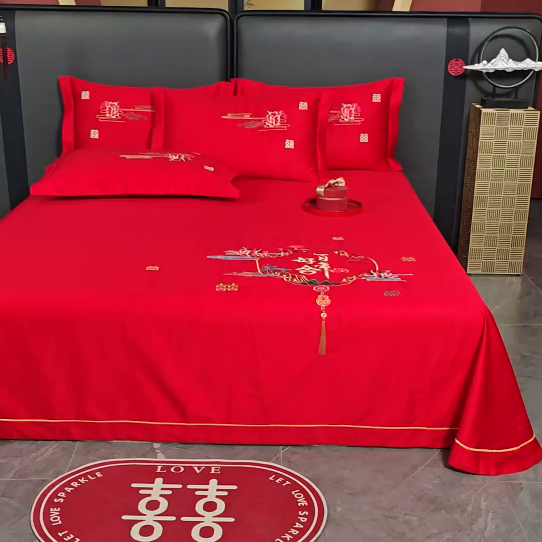 91家纺网 家纺一手货源 找家纺 千禧家纺 2024新款长绒棉绣花婚庆三件套 百年好合