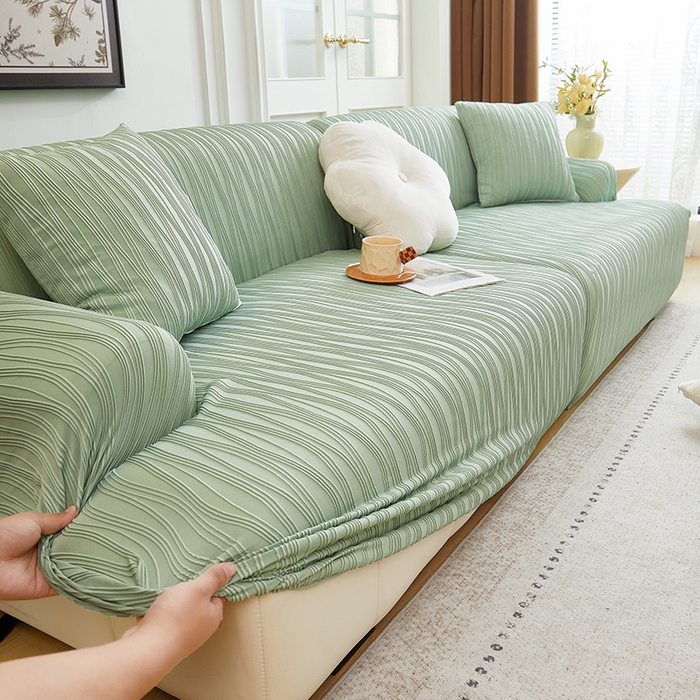 91家纺网 家纺一手货源 找家纺 丝绮鹿 2025新款提花绒沙发套水波纹松紧款 草绿